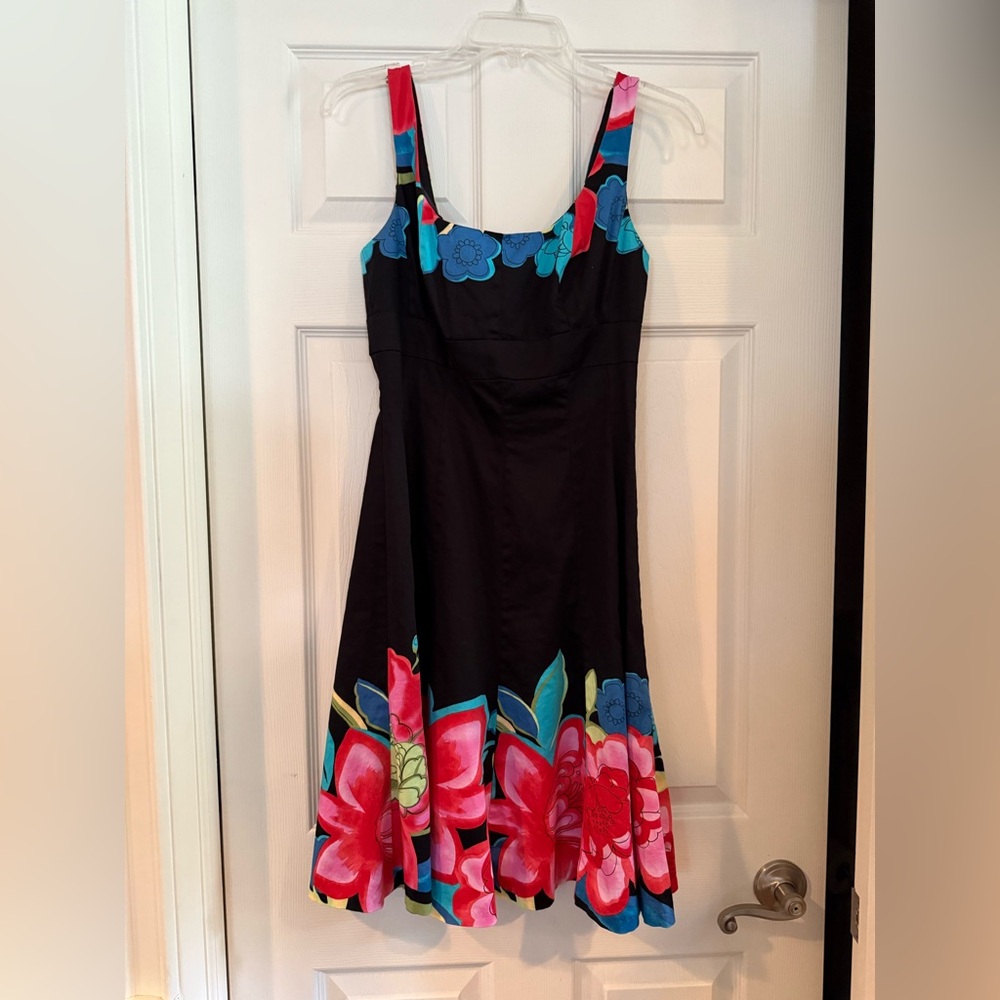 Nine West Black Floral Fit-and-Flare Dress with Pink and Blue Accents